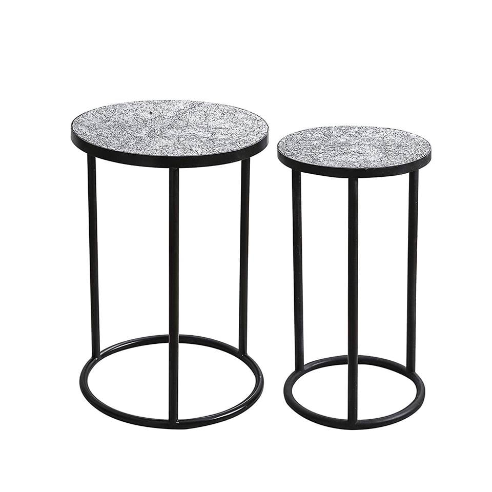Mosaic Black Metal Round Side Table - Plant Stand - Glass Top Indoor