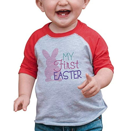 

7 ate 9 Apparel Baby Girl s My First Easter Happy Easter Red Raglan