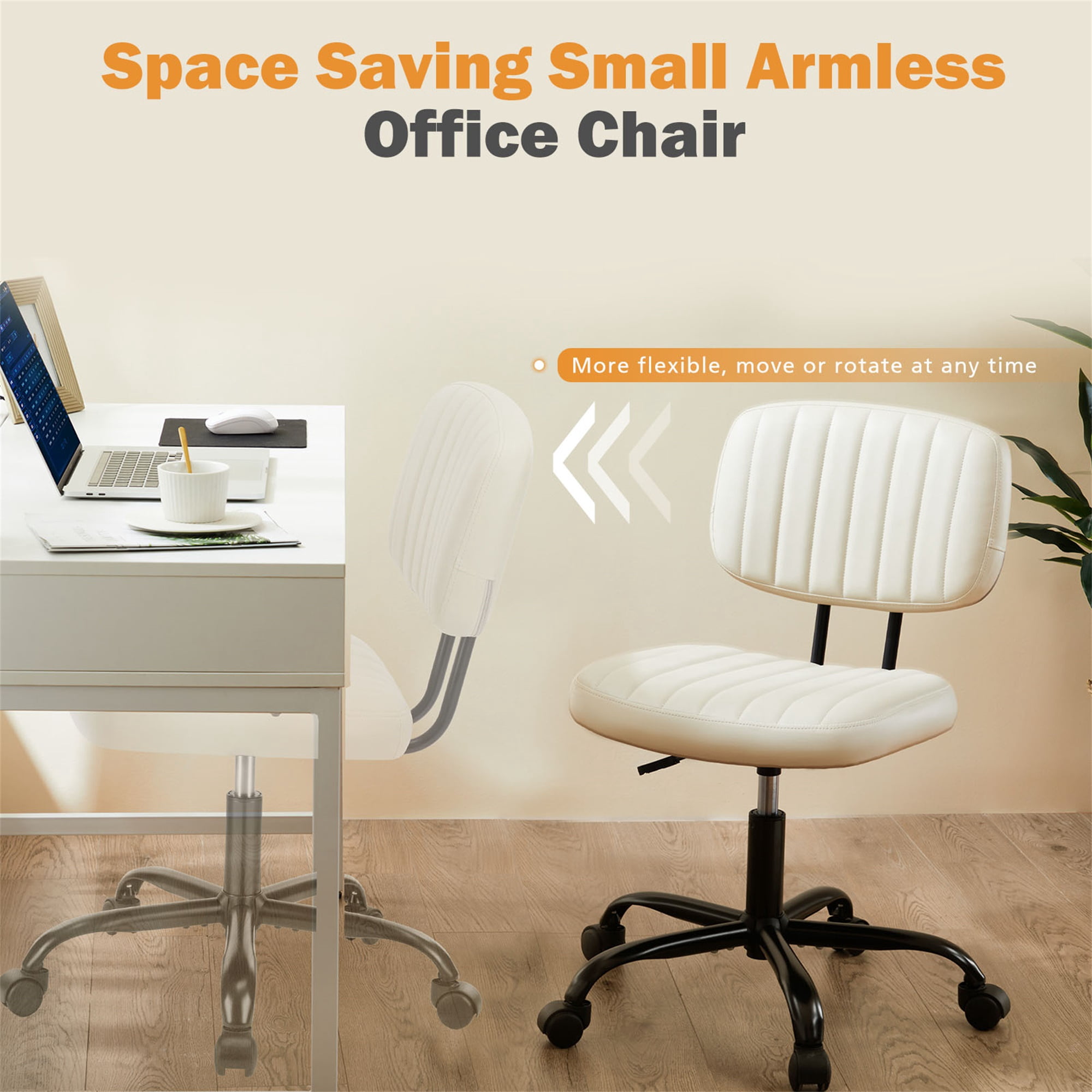 Spaco Small Home Office Chair,Cross Legged Armless Wide Adjustable Swivel Padded Fabric Home Office Desk Chair with Wheel, White