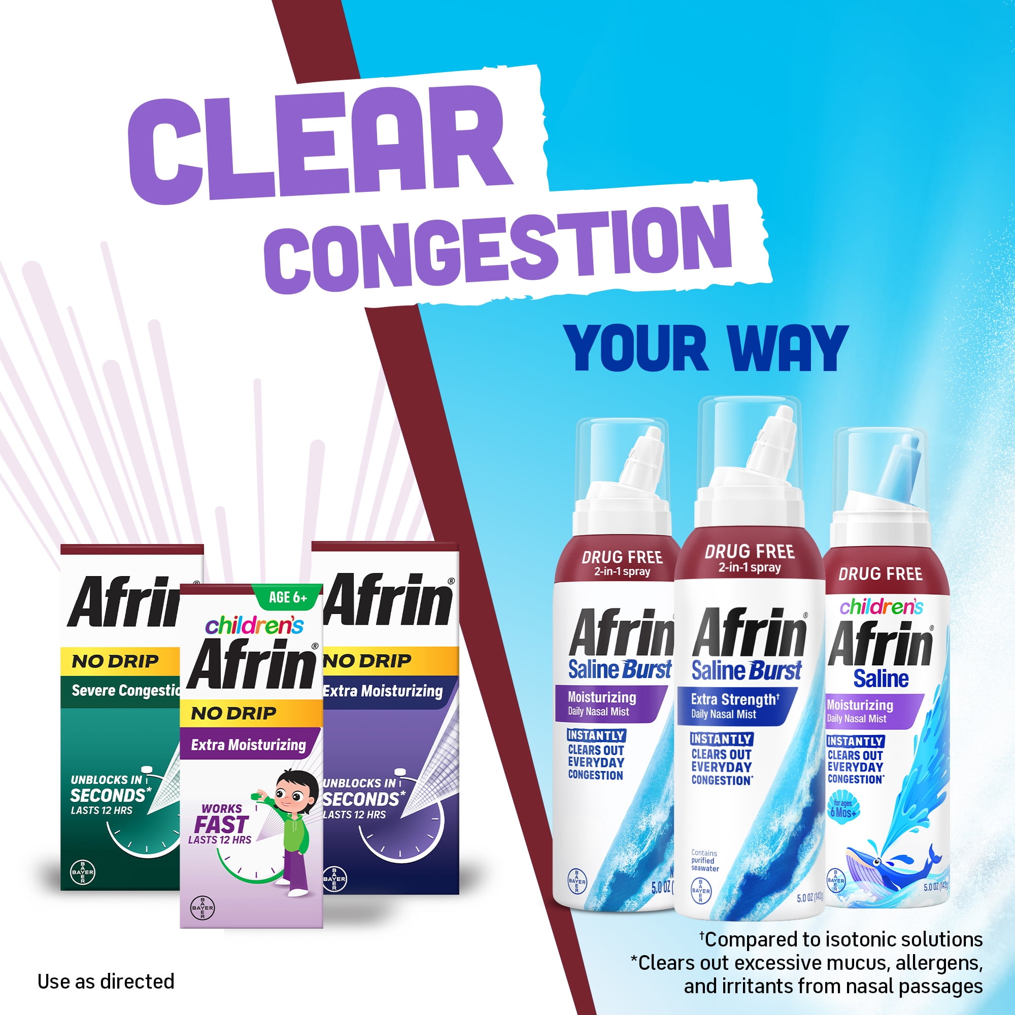 (2 pack) Afrin Moisturizing Children’s Saline Mist for Everyday Nasal Congestion and Dry Nose, Isotonic Seawater Saline Soft Tip Nozzle Spray for Babies 6+ Months, Drug Free Baby Congestion Relief, 5 oz