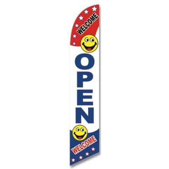 Windless Full Sleeve Swooper Flag OPEN WELCOME Red White Blue Smileys