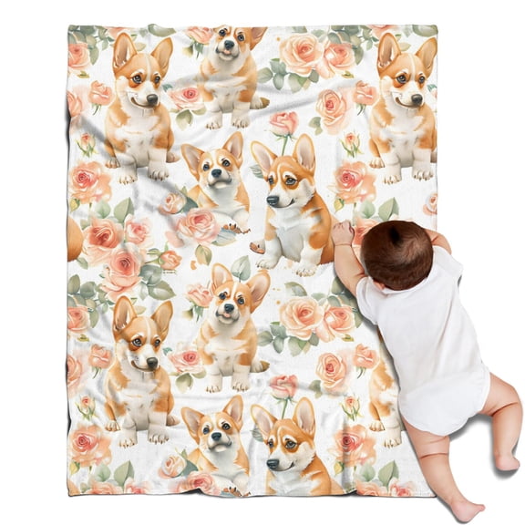 Corgi Dog and Flower Florals Blanket,Comfortable Soft Lamb Wool Throw Blanket,All Season,Warm Lightweight Blankets for Sofa Bed Couch Living Room Chair,30"x40"