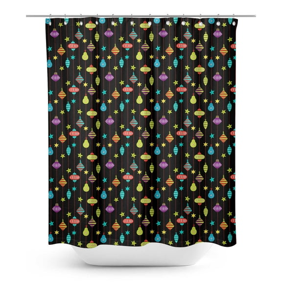 S4Sassy Black Star & Ornaments Christmas Water Repellent Bath Shower Curtain With Roller Rings Hook-60 x 70 Inch