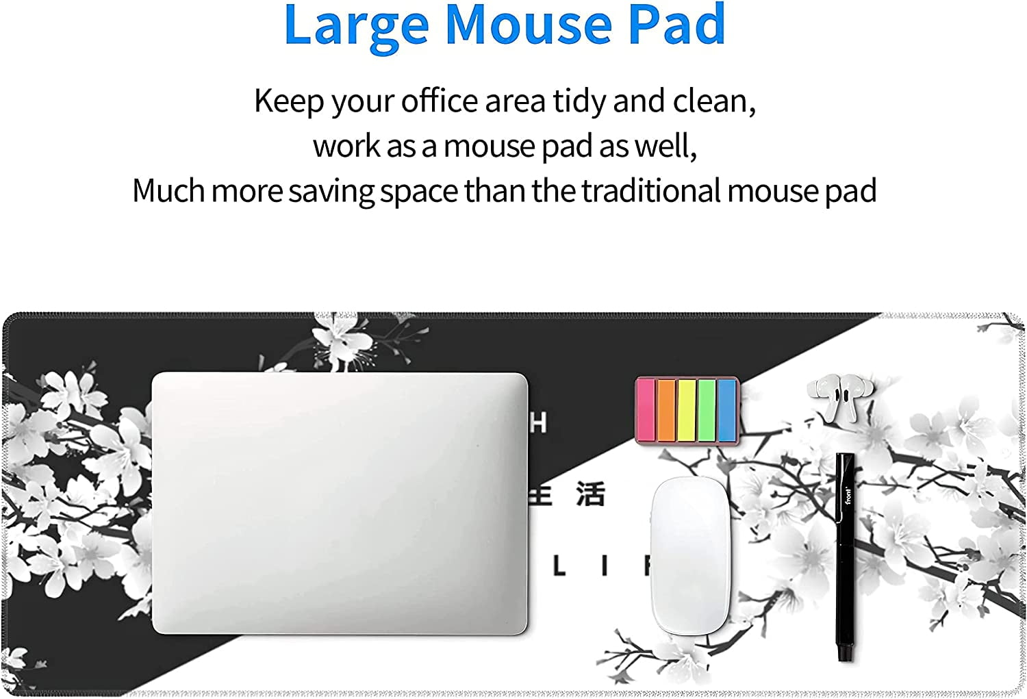 Black White Cherry Blossom Mouse Pad Japanese Sakura Death Life Extended Desk Mat 80X30 cm Non-Slip Rubber Base Stitched Edge Large XL Playmat&nbsp;for Gaming Laptop Computer PC Desktop,31.5×11.8 Inch
