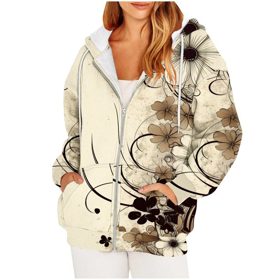 skpabo Zip Up Hoodies for Women Fashion Floral Print Sweatshirts Long Sleeve Hooded Pullover Top Soft Stretchable Comfortable Plus Size Outerwear with Pockets S-3XL