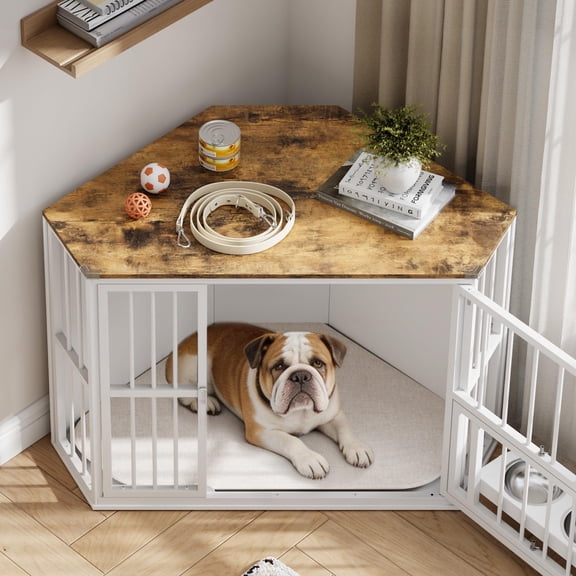 Panapinka Corner Dog Crate Furniture for Small Dogs, Space-Saving Indoor Kennel End Table with Feeding Bowls, Wooden Decorative Pet Cage with Revolving Door