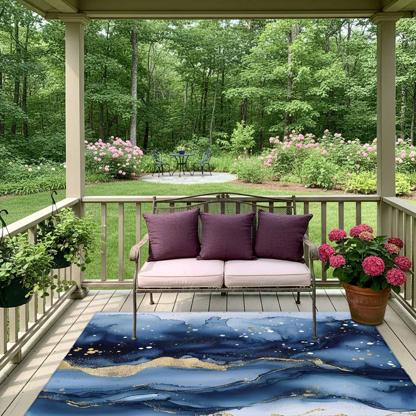 Outdoor Rug 5x8ft Ombre Blue Golden Marble Texture Large Area Rug Abstract Art Indoor Outdoor Carpet Outdoor Rugs Mats for Patio Camping,RV,Front Door, Outside Decor