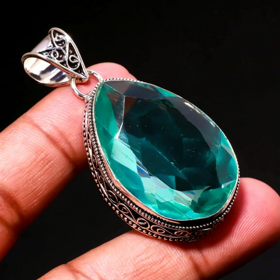 Swiss Blue Topaz Gemstone Pendant Handmade Gift Pear Shape Vintage Jewelry 2.20"