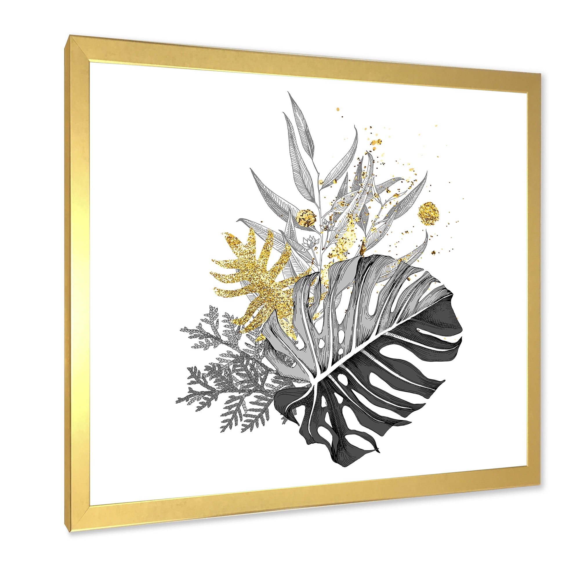 Designart 'Bouquet With Golden Tropical Leaves and Monochrome' Tropical Framed Art Print