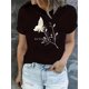 thumbnail image 1 of Camiseta informal de algodón para mujer, de manga corta y cuello redondo, con estampado floral y mariposas, ajuste cómodo y moderno para todas las estaciones., 1 of 6