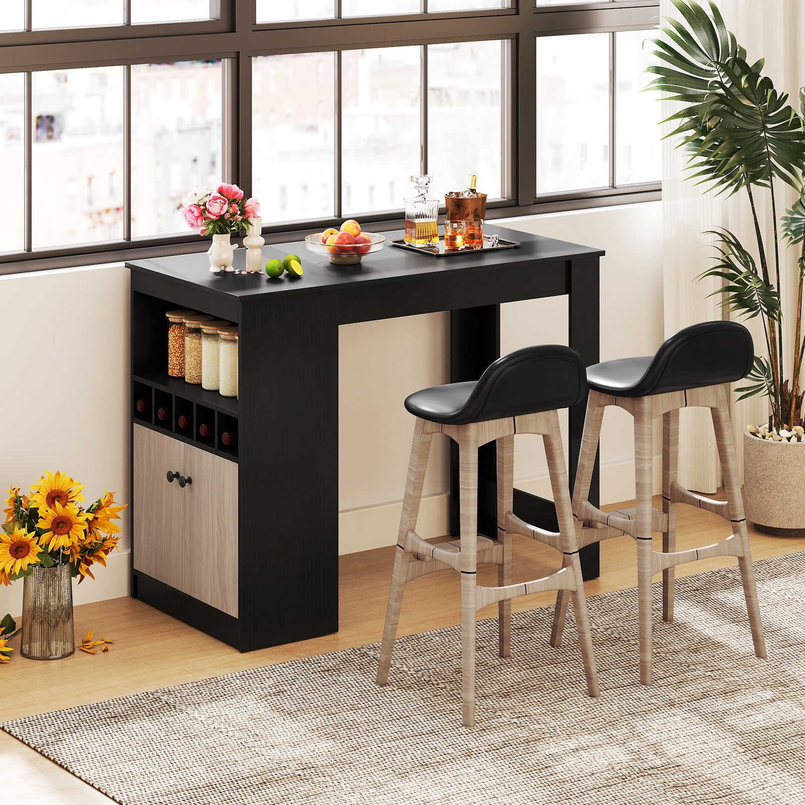 Gymax 48'' Bar Table w/ Storage Cabinet & Wine Rack Adjustable Shelf Wine Rack