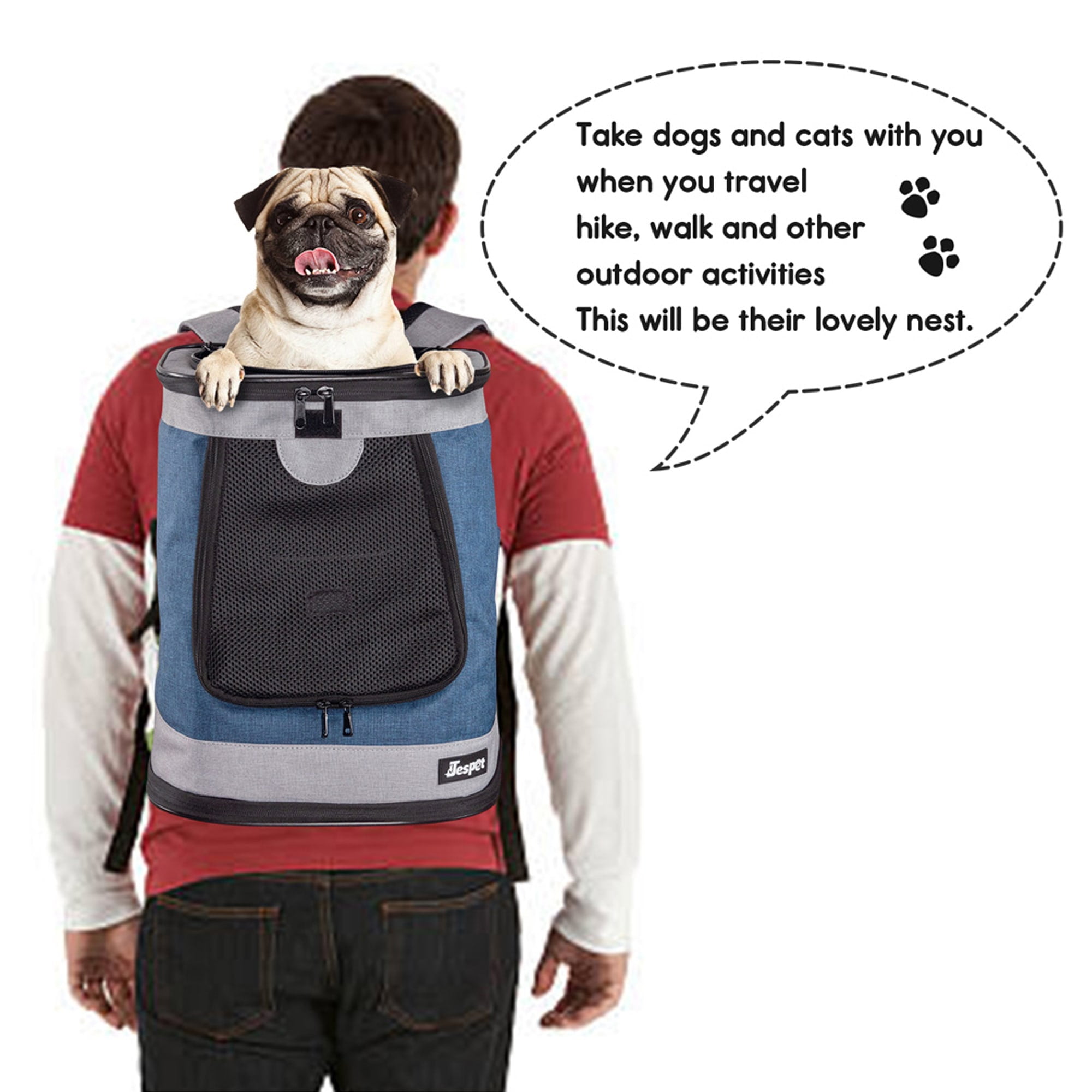 JESPET & GOOPAWS: Pet Soft Backpack Carrier - Blue Grey - 13", Small Dogs & Cats, Portable-Traveling-Hiking-Walking, Outdoor, Mesh Window, Ventilated