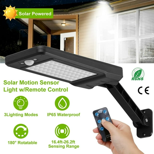 CNKOO Solar Wall Light Outdoor 60LEDs PIR Motion Sensor Remote Control Wireless Lamps IP65 Waterproof Lighting for Garage Front Door Garden Pathway Black
