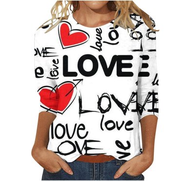 Vente de Liquidation!! T-Shirts de la Saint-Valentin pour Femmes, T-Shirts Graphiques Cœur d'Amour, Manches 3/4, Blanc + L