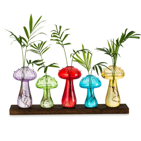 Glasseam Colorful Mushroom Glass Planter Set: Thick Borosilicate Propagation Station with Sturdy Wood Base Hydroponic Flower Vase for Home Office Desk Decor Unique Gift for Plant Lovers