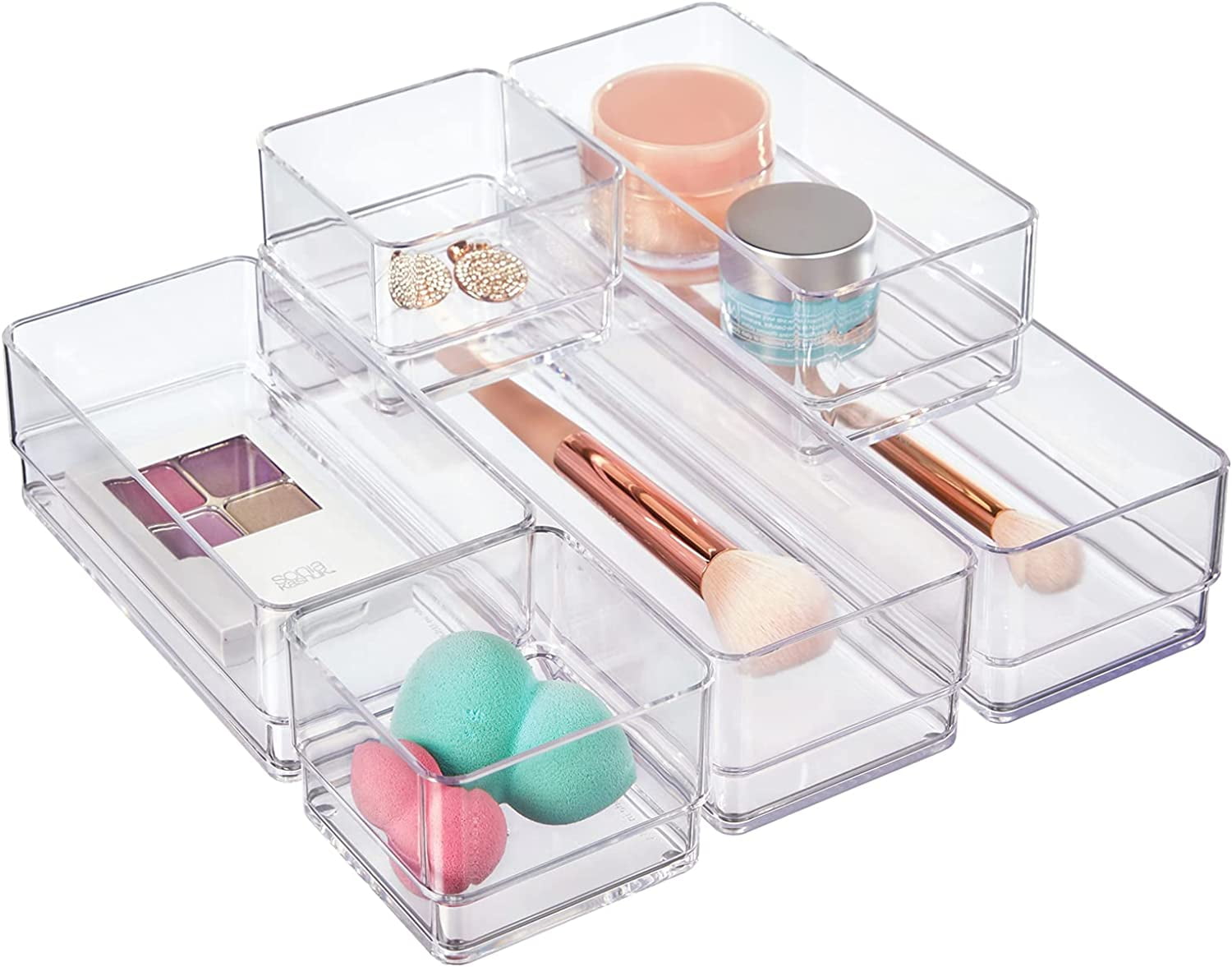 Stackable Cosmetic Clear Drawer Makeup Organizer Set, Multi-size Trays