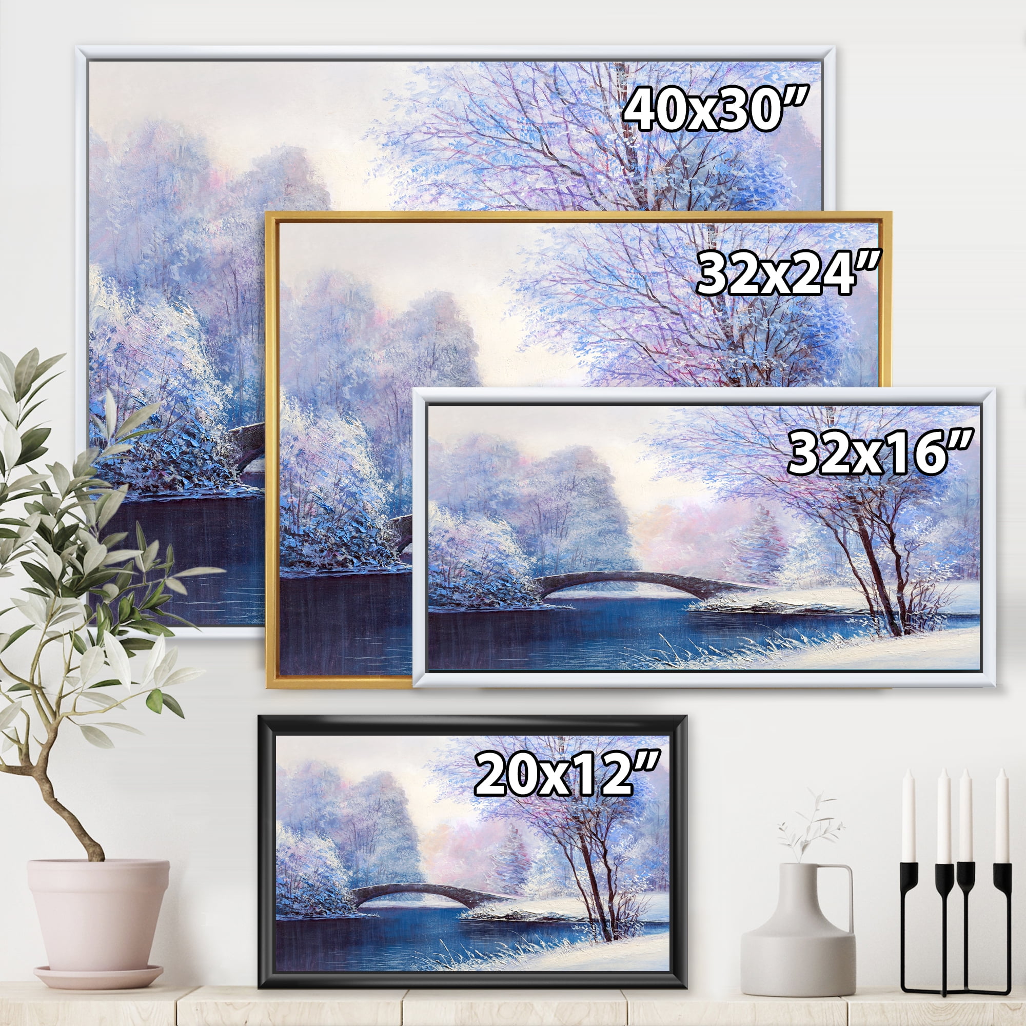 Bridge Of Meandering River With Winter Scenery III 20 in x 12 in Framed Painting Canvas Art Print, by Designart