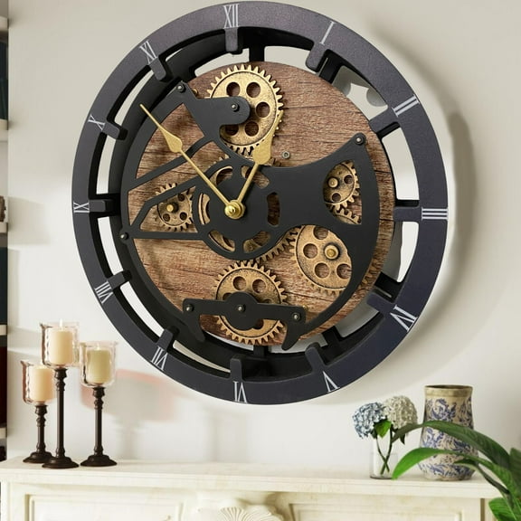 THE GEARS CLOCK Wall Clock with Real Moving Gears (Mantel clock)CA-LI_ 16 in Round Vintage-Brown
