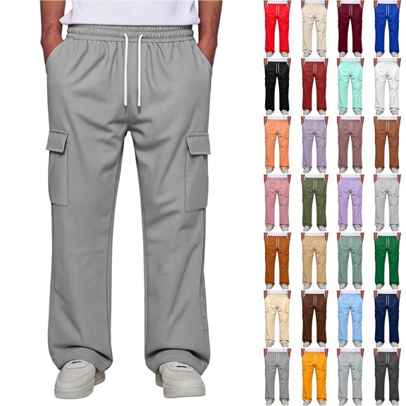 Men Straight Leg Cargo Pants Drawstring Elastic Waist Multi Pockets Casual Work Trousers Solid Polyester Relaxed Fit Long Pants Red L