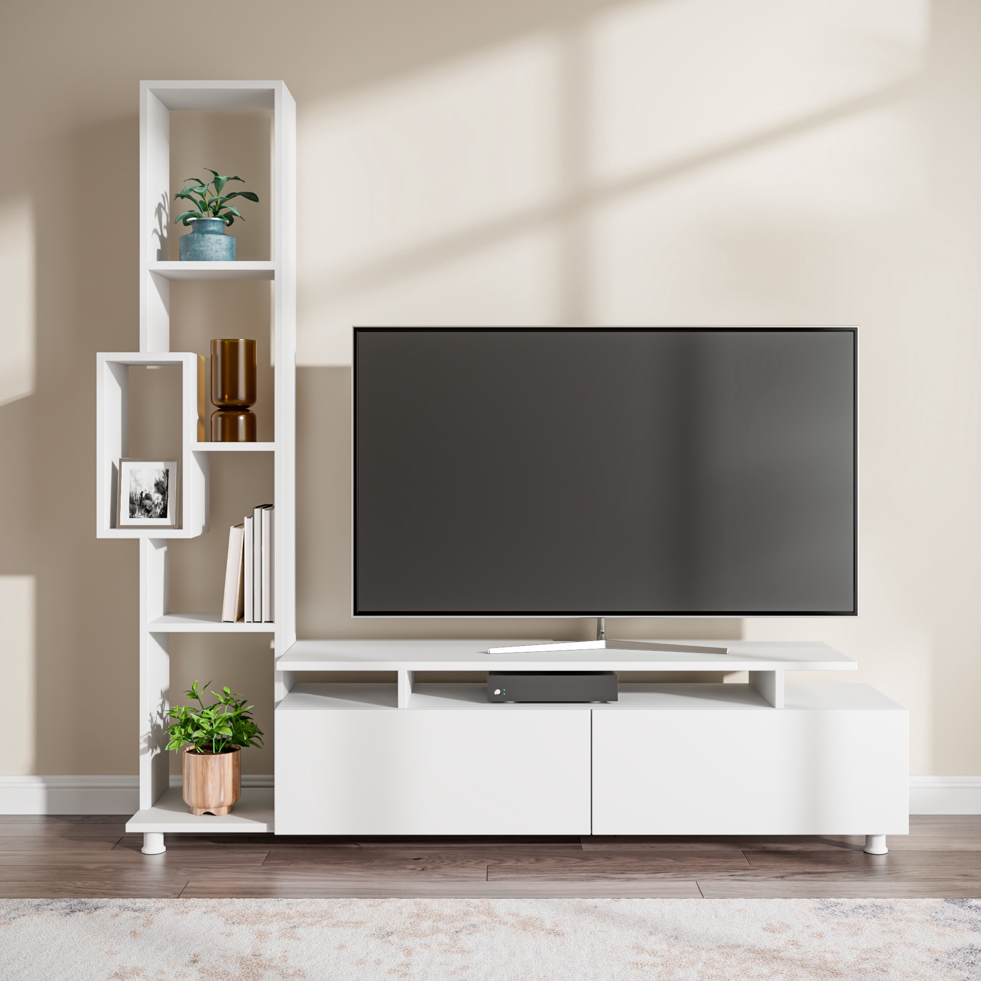 Ada Home Decor Furniture for TVs up to 53" 4 Tier White Rossano Modern TV Stand with Doors