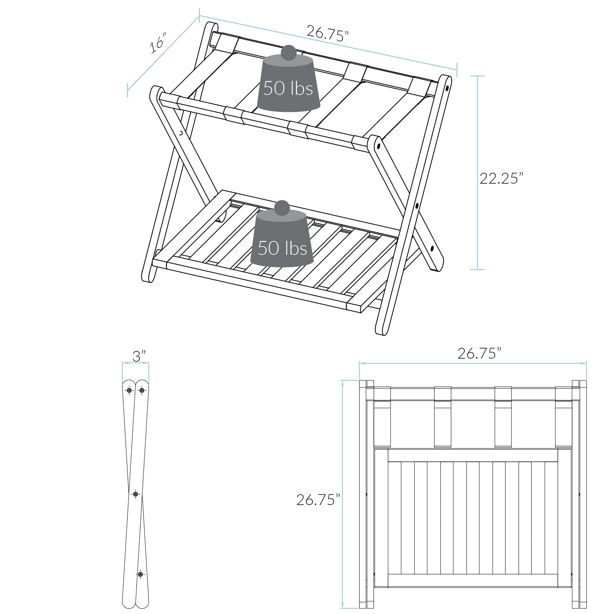 Solid Wood Folding Luggage Rack with Heavy-duty Straps and Shelf - New Walnut