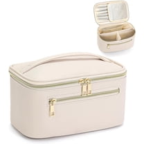 ABCISI Travel Makeup Bag Organizer, Large Capacity Cosmetic Pouch for Women, Waterproof Make Up with Divider, Clamshell Makeup Case with Handle and Metal Zipper, Travel Essentials (White)