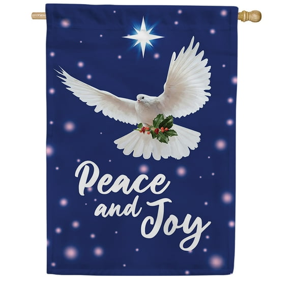 America Forever Peace Joy Dove Christmas House Flag, 28 x 40 inch Double Sided, White Dove Holly Banner, Winter Holiday Decorations, Outdoor Yard Decor, Religious Xmas