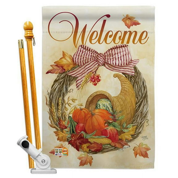 Breeze Decor BD-HA-HS-113044-IP-BO-D-US12-AM 28 x 40 in. Cornucopia Wreath Fall Harvest & Autumn Impressions Decorative Vertical Double Sided House Flag Set with Pole Bracket Hardware