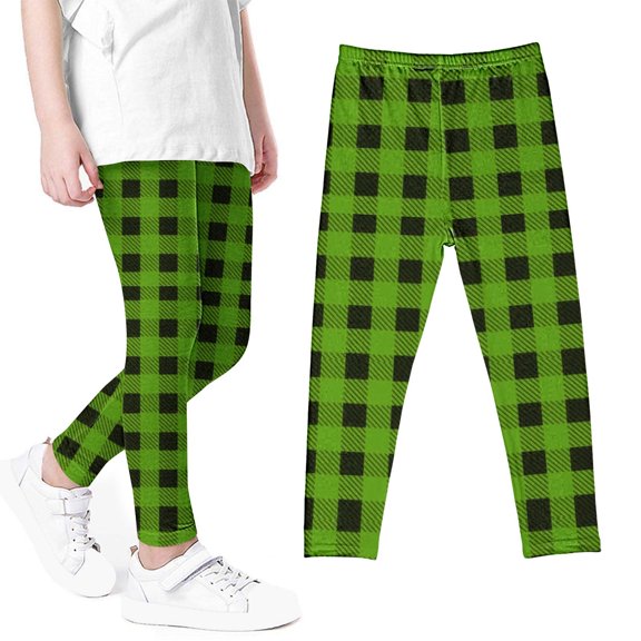 uublik Toddler Girls Leggings Green Plaid Full Length Leggings Soft Comfortable Footless Leggings Stretchy Tights Pants, Size 3T-8
