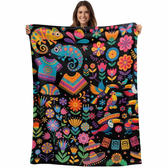 Colorful Cartoon Blanket Soft Cozy Warm Throw Blanket for Couch, Plush Fuzzy Flannel Fleece Blankets for Sofa, Funny Flowers Guitar Animals Ethnic Art Bed Blankets Lightweight Gifts for Men, 32"x48"