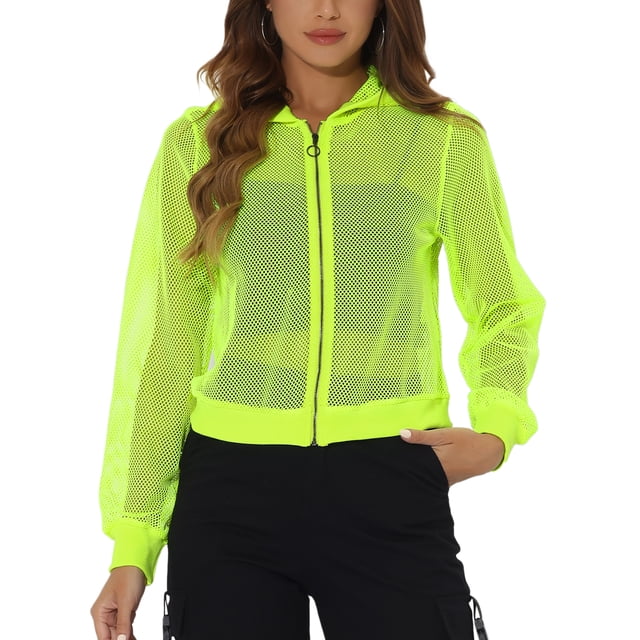 Chaqueta con puños acanalados INSPIRE CHIC para mujeres, sudadera con capucha, chaqueta bomber de malla, L, amarillo neón