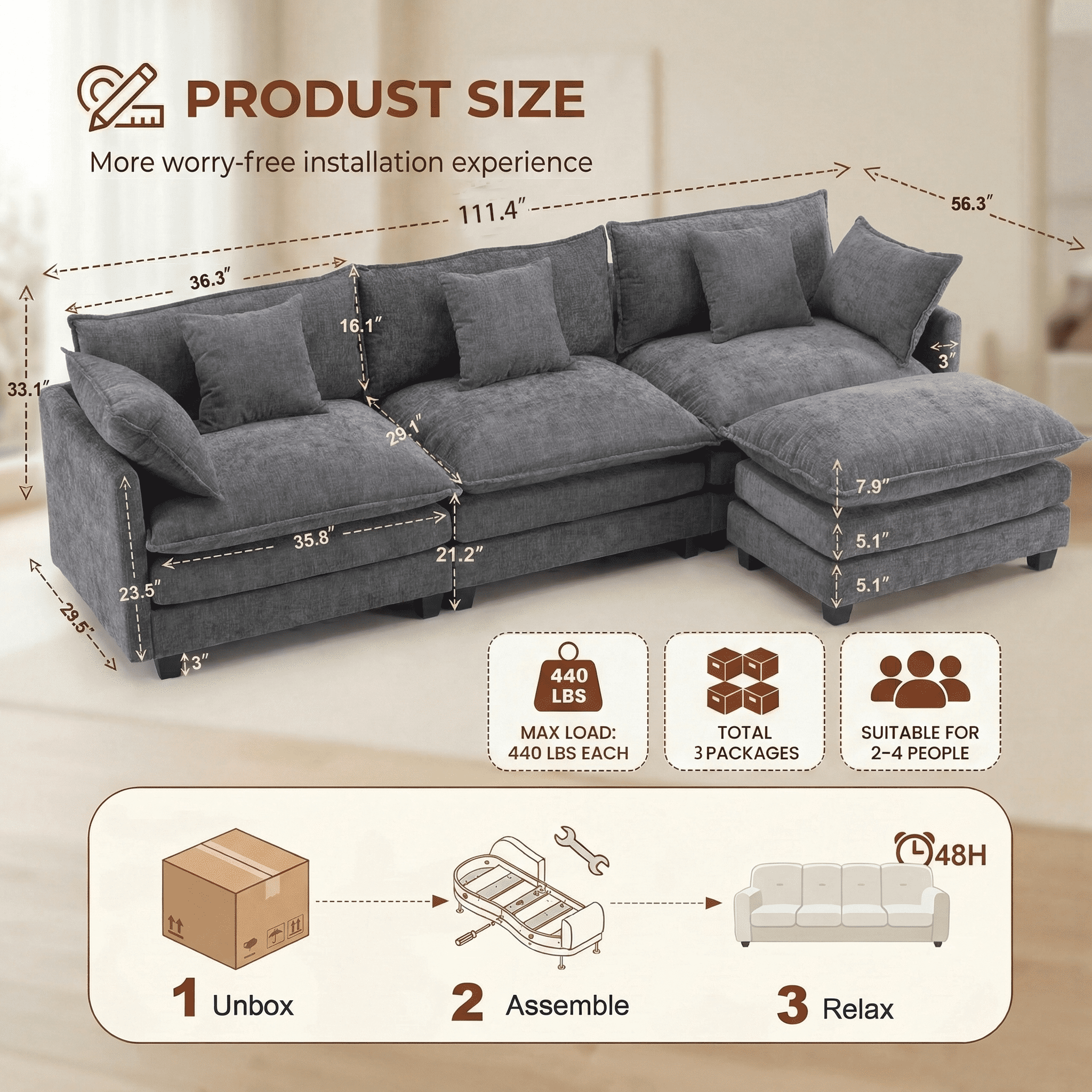 Dioepic Cloud Chenille 3-Seat Living Room Sectional Sofa Modern Cloud Couch 111.4" with Ottoman & 3 Pillows, Grey