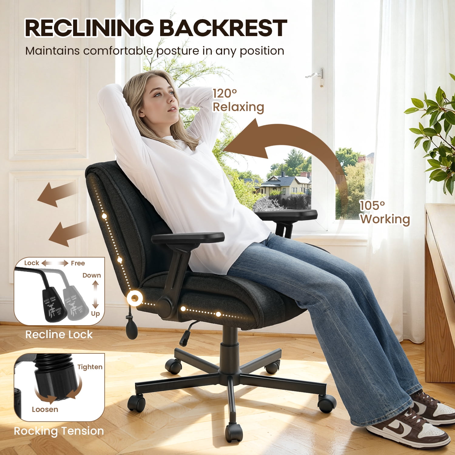 BOSSIN Criss Cross Chair with Wheels,Cross Legged Office Chair,Wide Criss Cross Chair with Flip-Up Arms & Extra-Deep Seat Thickened for Office Chair,Plush Cushion,Cute,Comfy,Black