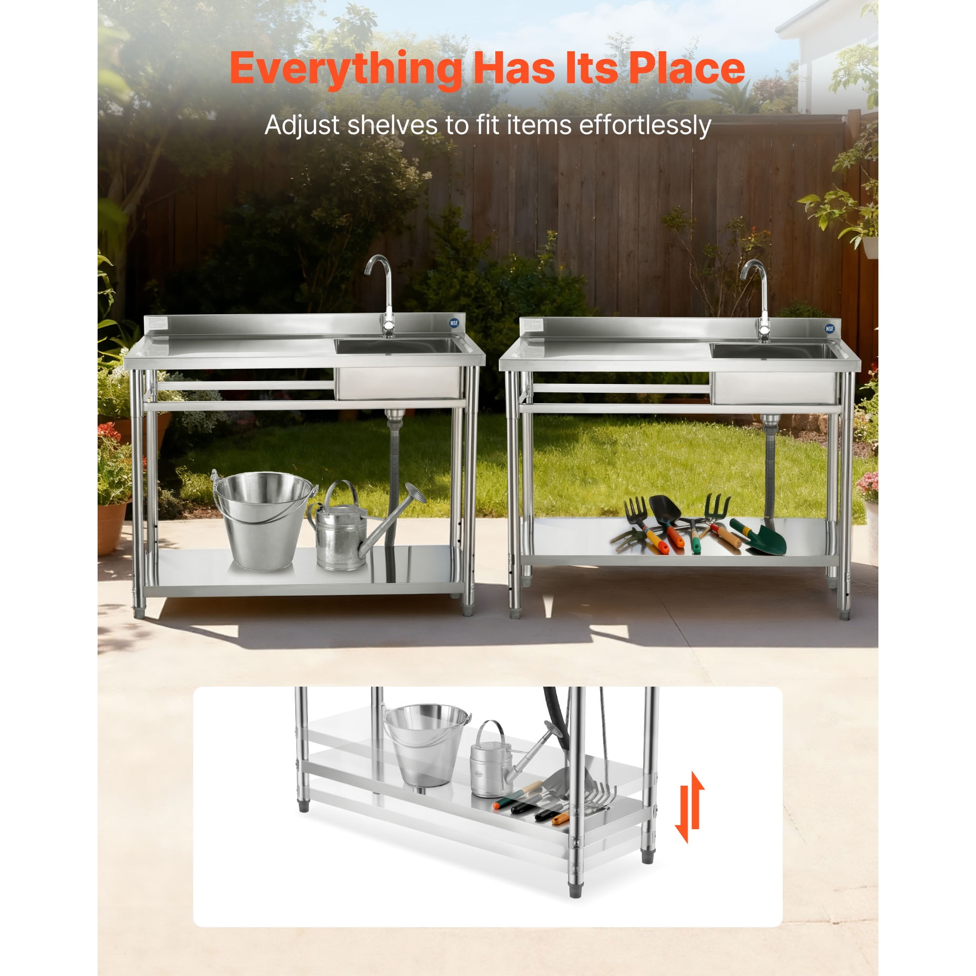 KFFKFF Stainless Steel Utility Sink, Freestanding Single Bowl Commercial Kitchen Sink with Faucet, Left-Side Basin Workbench with Hot and Cold Water Pipes for Garage, Restaurant, or Laundry Use