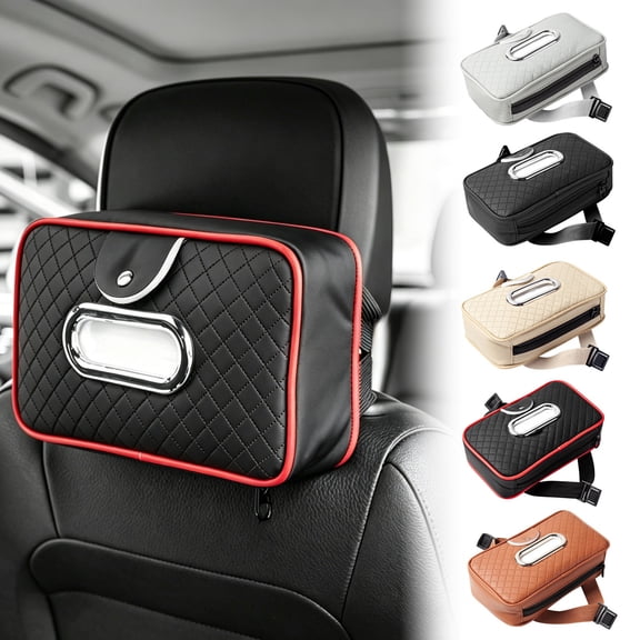 Quilted Leather Car Headrest Tissue Box Holder Hanging Backseat Napkin Storage Organizer For Auto Front Rear Seat Interior Travel Accessory Supply