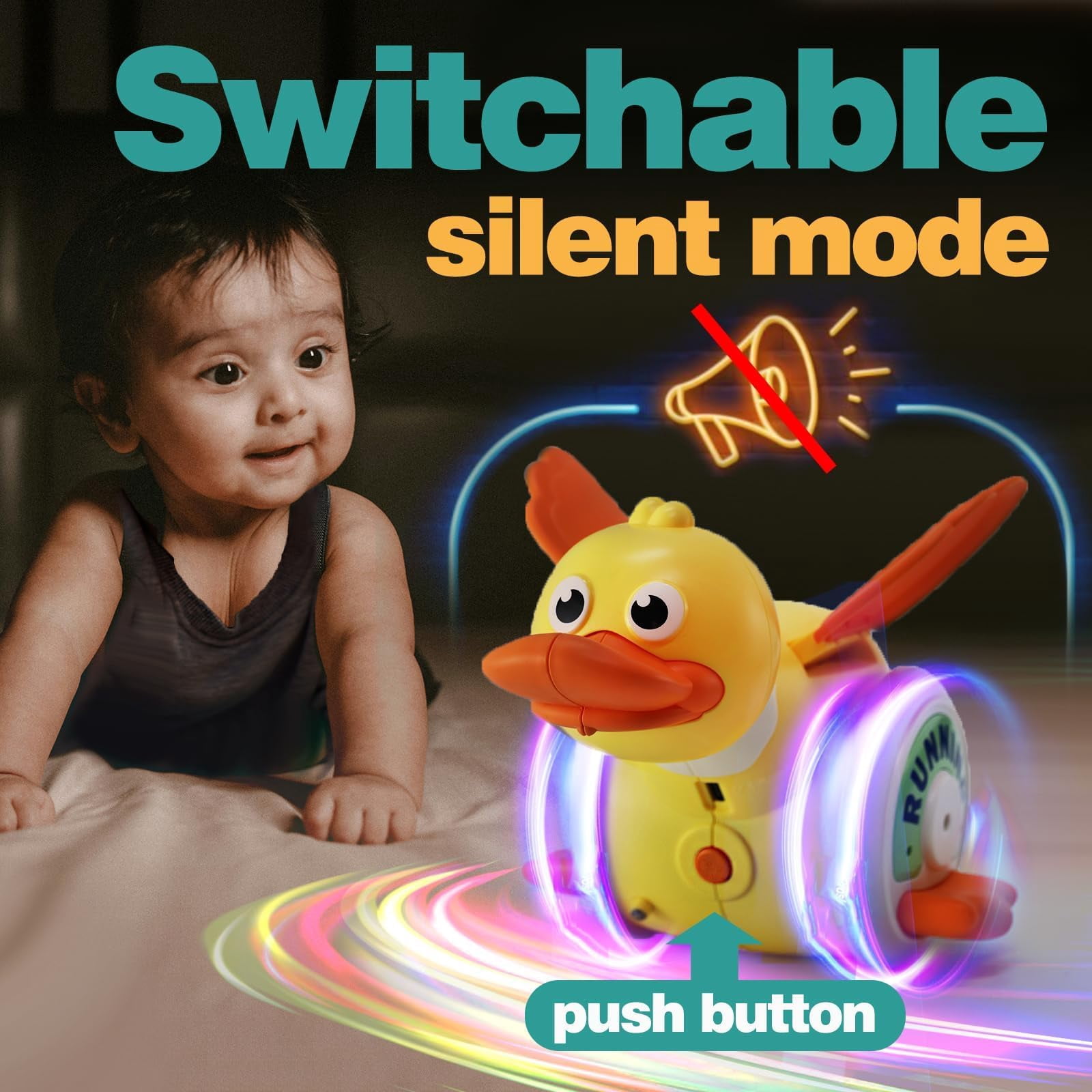 Baby Musical Duck Toys, Cute Running Duck Crawling Toys with Light & Music, Increase Baby Tummy Time Toys, Great Musical Crawl Toys for Infant 12-18 Months(Yellow)