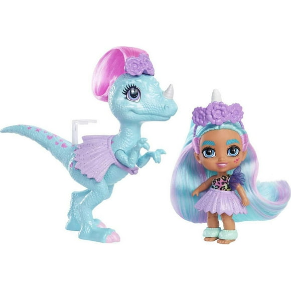 Poupée Bébé Licorne Cave Club d’environ 8 cm avec cheveux frisés bleus, tenue, accessoires et figurine dinosaure, cadeau à partir de 4 ans