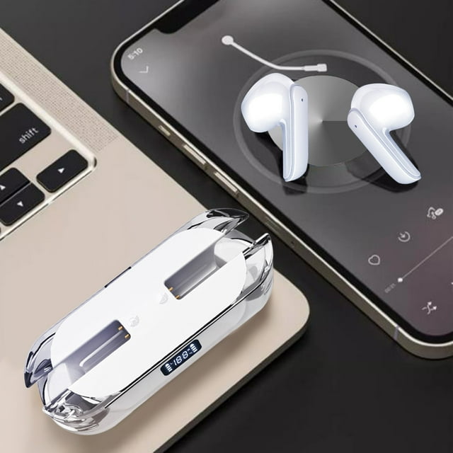 Auriculares Inalámbricos Bluetooth con Pantalla Digital Transparente y Batería de Larga Duración, Estéreo Dual In-ear, Estuche de Carga Inalámbrica Verdadera Blanco