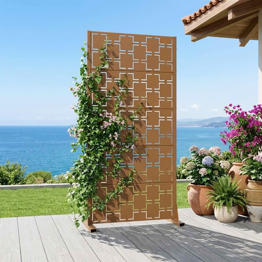 MAYEERTY 59x30x16 Inch Brown Galvanized Steel Privacy Screen, 5 Piece Set for Outdoor Garden