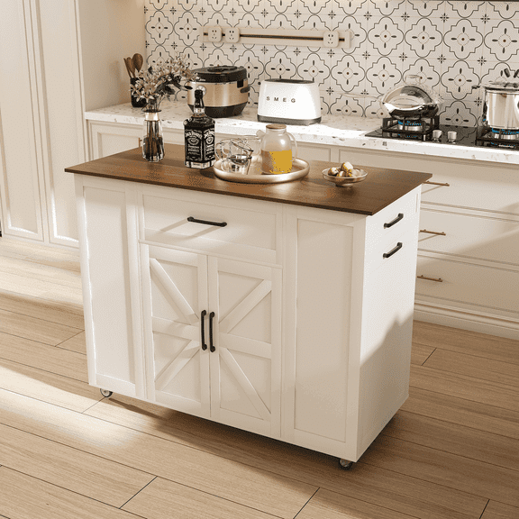 Resenkos Kitchen Island on Wheels - Rustic Wood Top & Power Outlet White