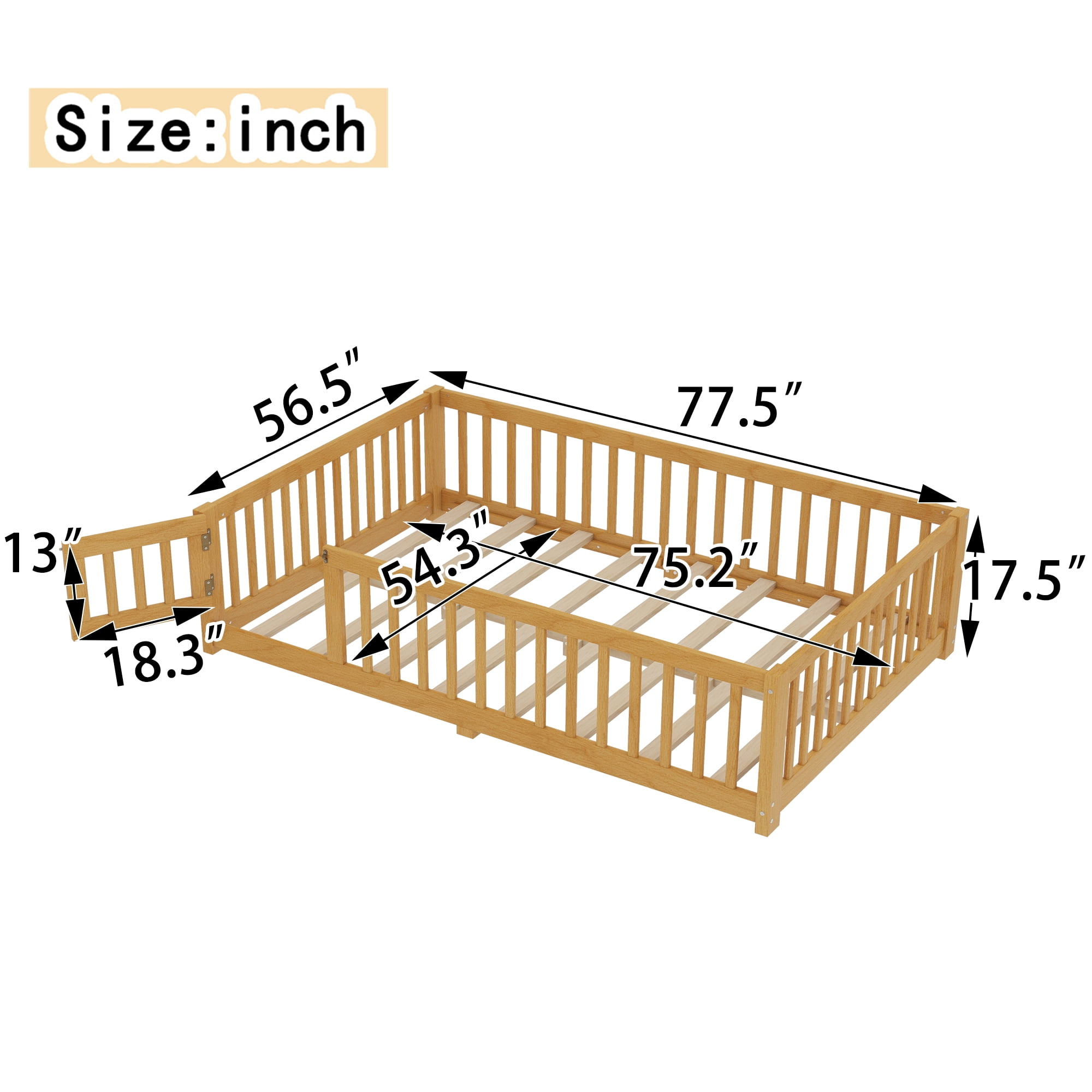 Jopath Full Size Floor Bed Frame,Montessori Bed with Guardrails and Door,with Slatted Base,for Kids,Boys,Girls,Natural