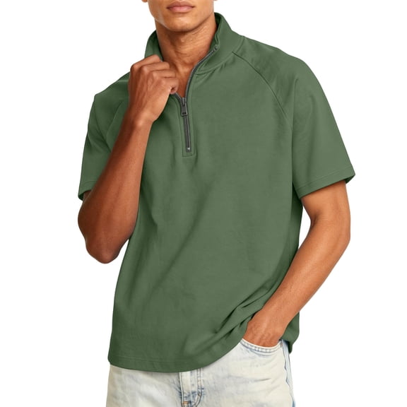 Domuza Mens Short Sleeve Shirts Quarter Zip Mock Neck Fitted Tshirts Loose Fit Lightweight Solid Color Athletic Golf Tees Green 2XL