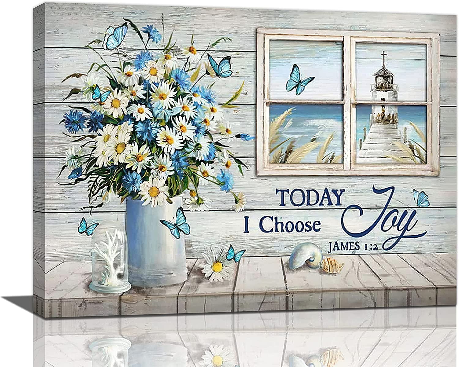Bathroom Decor Wall Art Blue Butterfly White Daisy Flowers Pictures Window  Seascape Today I Choose Joy Painting Canvas Wall Decor Print Modern Framed  Artwork for Bedroom Living Room 16