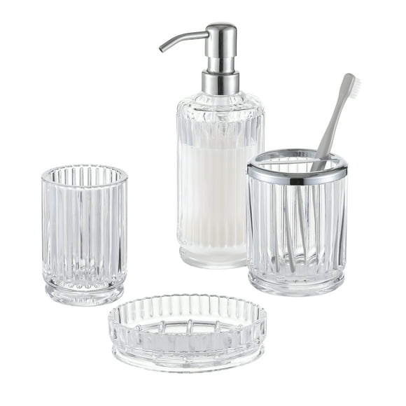 Gala Houseware 4-Piece Clear Glass Bathroom Accessories Set, Soap Dispenser, Toothbrush Holder, Tumbler & Soap Dish