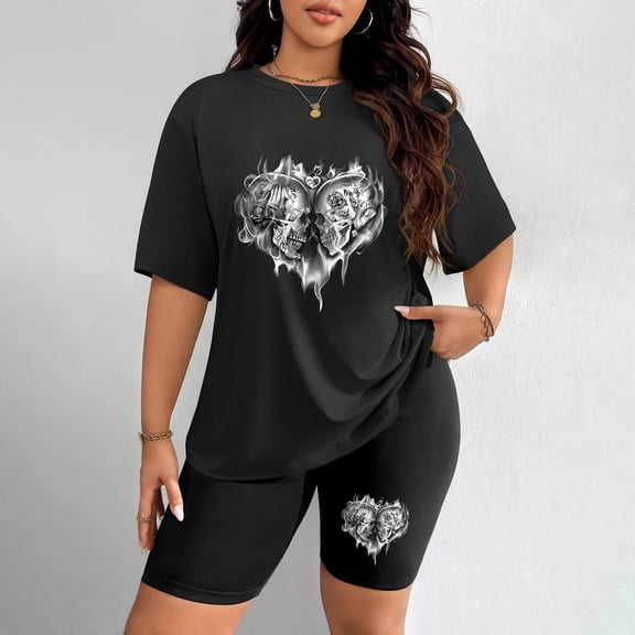 Women's Plus Size Skull Heart Print Short Sleeve T-Shirt & Shorts Set