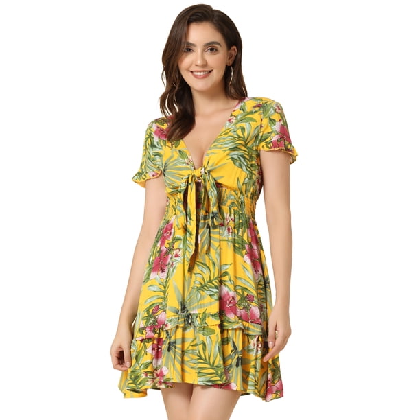 Vestido floral Allegra K para mujer con cuello En V profundo nudo de corbata volantes escalonados mini vestido Amarillo L
