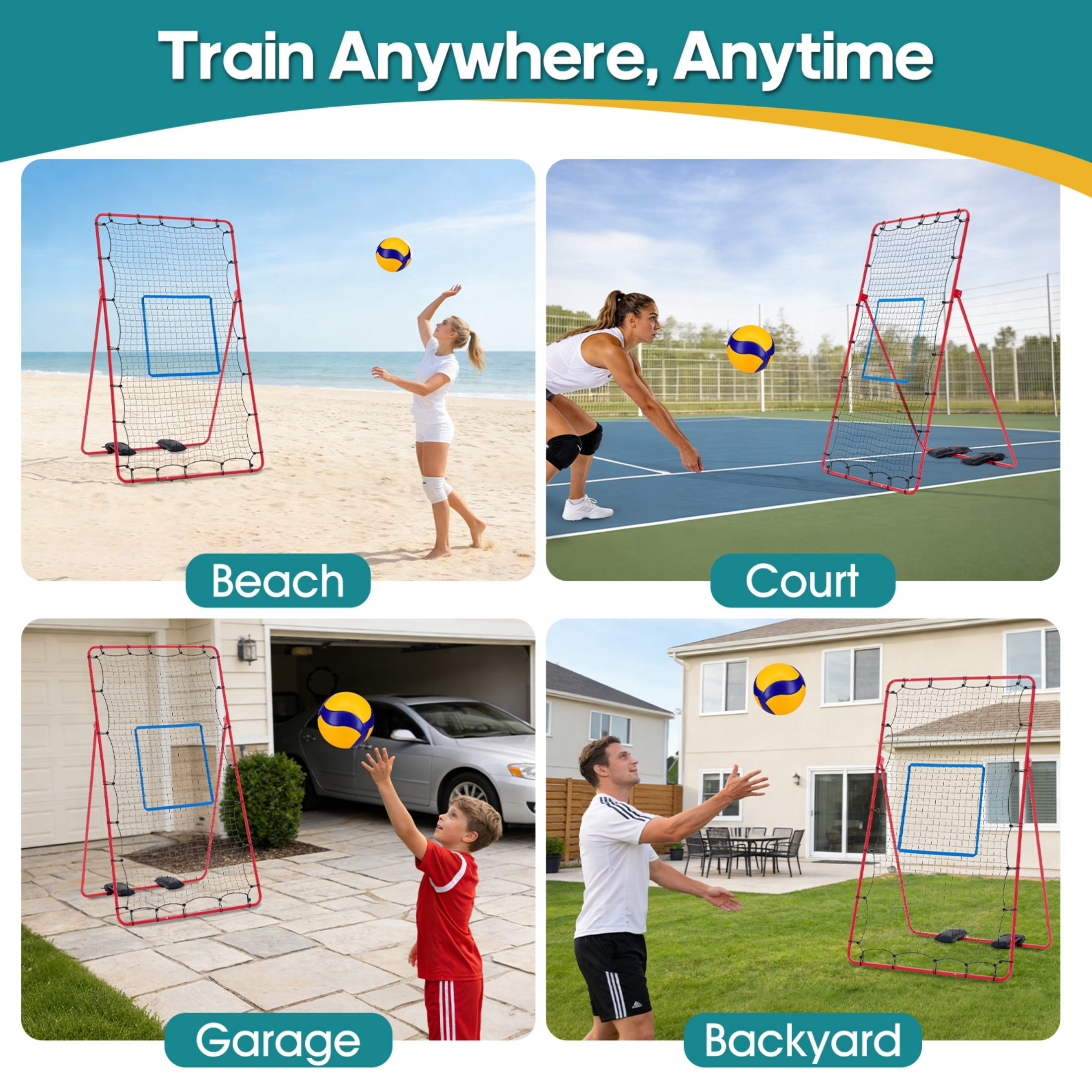 SHOUFTW 7x4 ft Volleyball Rebounder Net-Multi-Sport Training Bounce Back Net with Carry Bag, 5 Angle Adjustments for Indoor & Outdoor Practice, Red