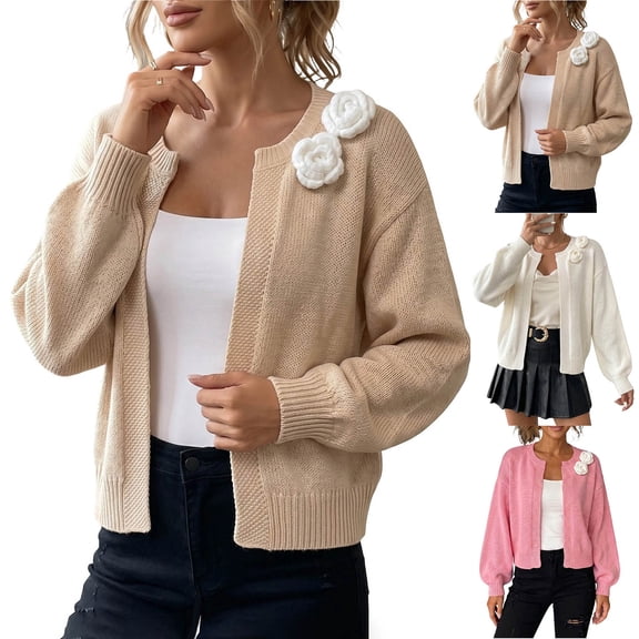 Sahpxhe Cardigan Sweaters for Women Long Sleeve Open Front Cropped Cardigan Pretty Sweet Casual Layering Top with Knit Flower Beige S