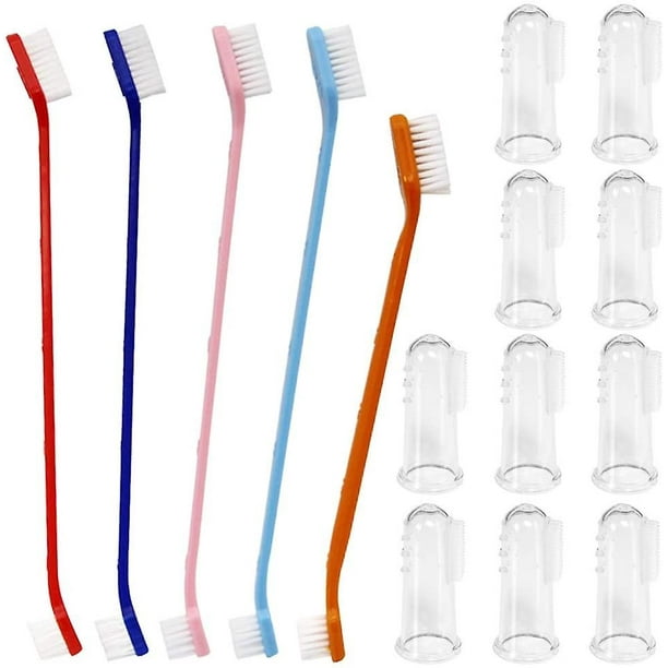 Juego de 15, juego de cepillos de dientes para mascotas, 5 cepillos de dientes de doble cabeza para perros y cepillos de dientes de 10 dedos para colocación de dientes de perros y gatos