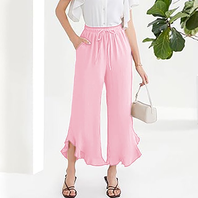 Limited Time Savings,Women's Casual Sports Pants, Solid Color Drawstring, Pocket Ruffle, Comfort Fit, Yoga/Workout, Breathable Material, Quick Dry, For All Sizes Dress Up or Down|100%Polyester,Pink